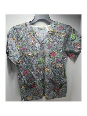 Women's Tafford Gray Multicolor Guitar Print Short Sleeve Scrub Top XL